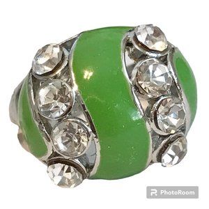 Vintage Green Enamel Cocktail Ring Silver Plated Crystal Rhinestone Size 8 Boho